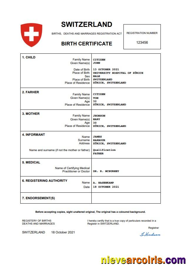 Switzerland vital record birth certificate